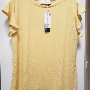 MIROL Women's Butter Yellow Ruffle Cap Sleeve T Shirt